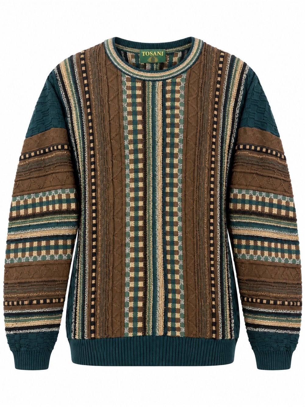 Vintage TOSANI Green Brown Patterned Cable Knit Sweater Geometric Grandpa Core